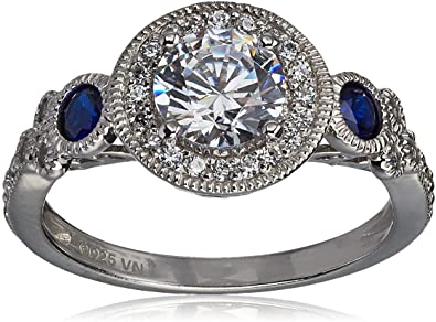 Platinum-Plated Sterling Silver Swarovski Zirconia Antique Round-Cut and Created Sapphire Ring