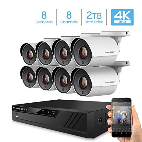 Amcrest UltraHD 4K 8CH Video Home Security Camera System with 8 x 4K (8MP) IP67 Bullet Outdoor Surveillance Cameras, 100ft Night Vision, Pre-Installed 2TB Hard Drive, (AMDV80M8-8B-W)