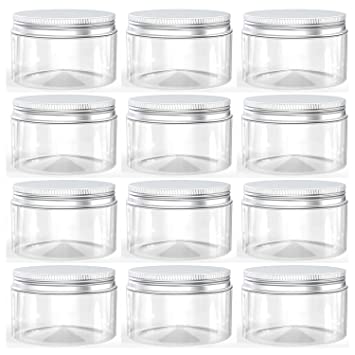 4 Ounce Plastic Jars with Aluminum Lid Leak Proof Clear Containers Jars for Store Liquid, Cosmetic, Cream, 12 Pcs