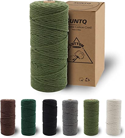 SUNTQ Macrame Cord 3mm, Single Strand Cotton Rope for Macrame Knotting, Macrame Supplies for DIY Wall Hangers, Plant Holders & Boho Home Decorations, 109 Yards Premium Soft Cotton String, Olive Green