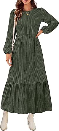 MEROKEETY Women's Fall Long Sleeve Maxi Dresses 2024 Casual Knit Crew Neck Tiered Flowy Pockets Dress