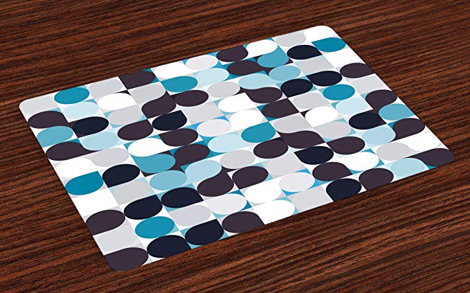 Ambesonne Abstract Place Mats Set of 4, Retro Inner Circles Pattern with Squares Mosaic Style Old Fashion Print, Washable Fabric Placemats for Dining Room Kitchen Table Decor, Brown Grey Teal White