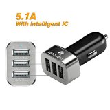 ZeroLemon Car Charger 51Amps  255W Triple USB Aluminum Shield Rapid Charger for Apple iPhone 6 5 5S 5C 4 4S iPad 4 3 2 iPad mini iPad Air Android Devices Samsung Galaxy Note 1 2 3 Galaxy S3 S4 S5 Tab 3 Premium Quality Silver  Black - Lifetime Warranty