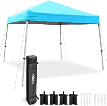 Ohuhu EZ Pop-Up Canopy Tent with Weight Bags & Ropes Pegs, Slant Leg 10x10 FT Light Duty Reinforced Steel Frame Commercial Instant Shelter with 3 Adjustable Heights & Easy-Carrying Wheeled Carry Bag