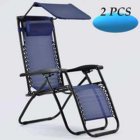 Danxee 2 Pack of Patio Zero Gravity Outdoor Folding Lounge Adjustable Reclining Chairs Sunshade Canopy with Pillow for Travel Yard Beach Pool Set of 2