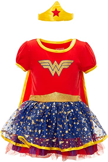 Wonder Woman Big Girls' Costume Dress with Gold Tiara Headband and Cape, Red (10/12)