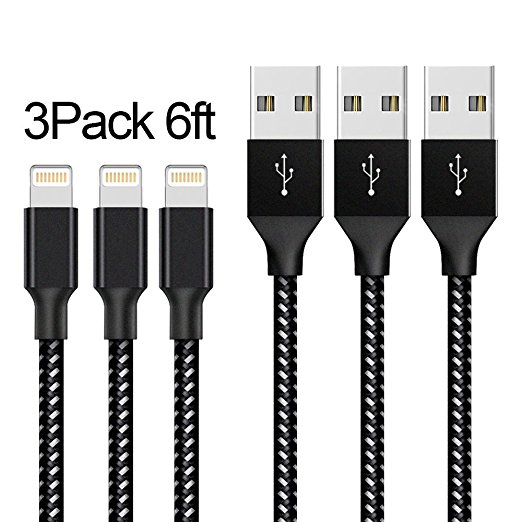 XUZOU iPhone Cable,3Pack 6FT Nylon Braided Lightning Charger to Cable Data Syncing Cord Compatible with iPhone 7/7 Plus/6/6 Plus/6s/6s Plus/5/5s/5c/SE and more (Black&Whtie)