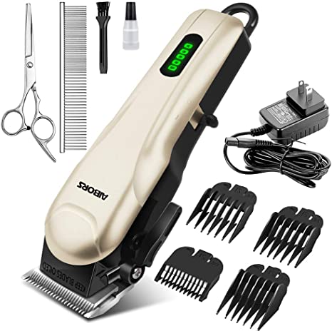 AIBORS Dog Clippers for Grooming for Thick Coats Heavy Duty Low Noise Rechargeable Cordless Pet Hair Grooming Clippers, Professional Dog Grooming Kit Dog Trimmer Shaver for Small Large Dogs Cats Pets