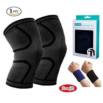 Knee Brace Compression Sleeve Support - SENYANG 1 Pair Unisex Design Knee Sleeve include Two Wristbands For Running ,Weightlifting, Cross Training , Basketball, Joint Pain Relief （ S）