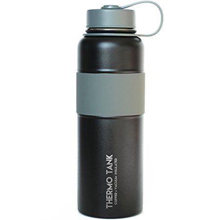 Thermo Tank Insulated Stainless Steel Water Bottle - Ice Cold 36 Hours! Vacuum   Copper Technology - SS Inner Lid, Silicone Grip - 40 Ounce