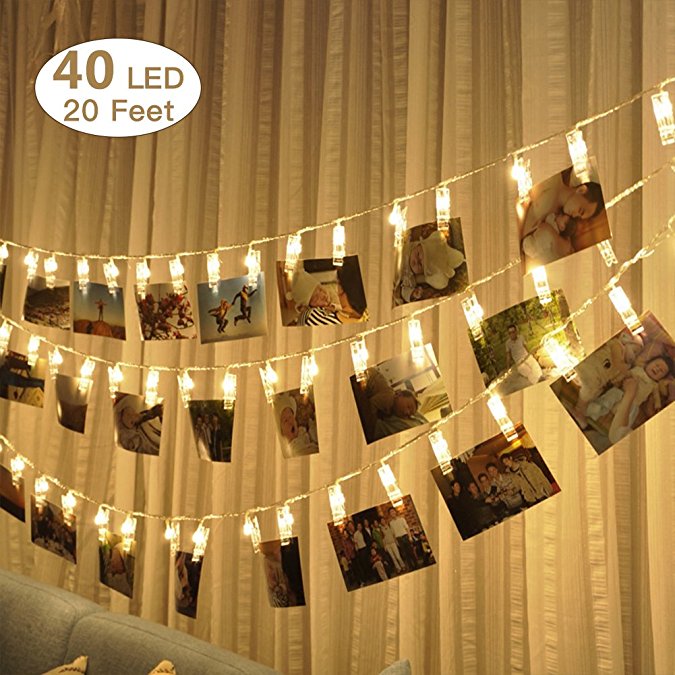 Fourheart LED Photo Clip String Lights, USB Powered 40 LED 20 Feet Hanging Photos Picture Light for Home Party Christmas Wedding Birthday Decoration