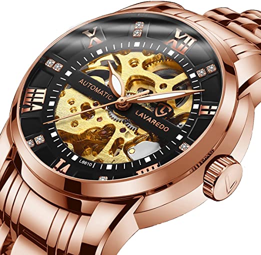 Men’s Watch Black Mechanical Stainless Steel Skeleton Waterproof Automatic Self-Winding Roman Numerals Diamond Dial Wrist Watch