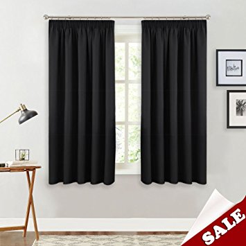 PONYDANCE Pencil Pleat Blackout Curtain Panels Super Soft Solid Thermal Insulated Curtains Room Darkening Energy Saving Draperies for Bedroom/Window Treatments Drapery, 2 Pcs, 46" x 54", Black