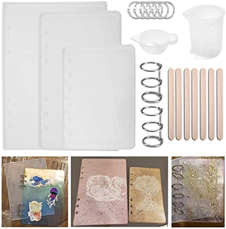 LANBEIDE Notebook Silicone Molds for Resin Cover A5 A6 A7, Silicone Notebook Cover Clear Casting Epoxy Resin Molds, with Mixing Wood Sticks, Nonstick Silicone Cup, Book Rings for DIY Jewelry Kits