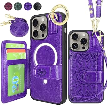 Harryshell Crossbody Magnetic Wallet Case for iPhone 15 Pro Max Compatible with MagSafe Wireless Charging Protective Phone Cover Card Slots Holder Kickstand Wrist Strap (Floral Purple)