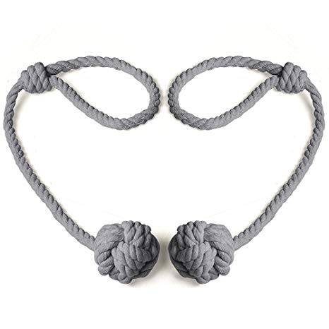 BUZIO 1 Pair Blackout Curtain Rope Tieback, Hand-Knitted Cord Rustic Cotton Holdbacks - Easy Knot Loop Connection, Gray