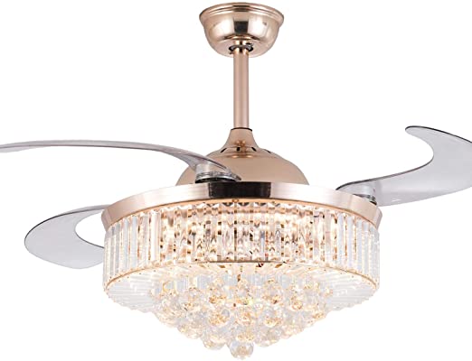 Retractable Crystal Ceiling Fan with Light, Invisible Ceiling Chandelier Fan with Light and Remote, 3 Color Changes Lighting Silent LED Indoor Fans Gold (42 Inch)