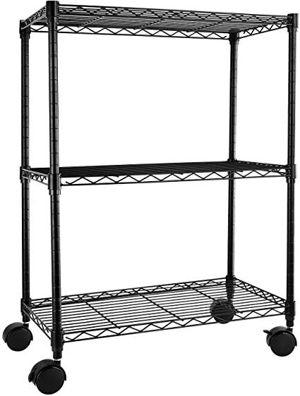 YSSOA Heavy Duty 3-Shelf Shelving with Wheels, Adjustable Storage Units, Steel Organizer Wire Rack, Plug Version, 23" W x 13" D x 30" H, Black (HKSHLF23133003BPCLITEV1)