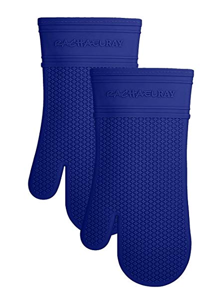 Rachael Ray Gourmet Silicone Kitchen Oven Mitt/Glove with Quilted Cotton Liner in Insulated Pocket, Heat Resistant up to 500 Degrees, Made with Non-Slip, Textured Design, 15” Long, Blue 2pk