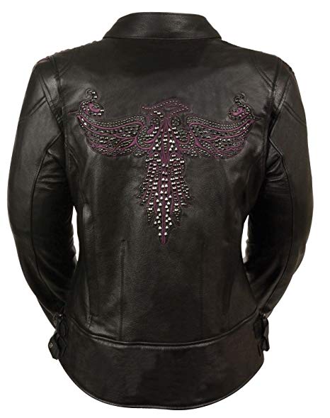 WOMEN'S MOTORCYCLE RIDING BLACK/PURPLE LEATHER JACKET W/PHOENIX STUDDING EMBROID (M Regular)