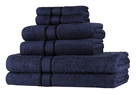 Sweet Needle Super Soft 6 Piece Towel Set Navy, Luxurious 100% Ringspun Cotton, Heavy Weight & Absorbent with Rayon Trim - 2 Large Bath Towels 70x140, 2 Hand Towels 50x90, 2 Wash Cloths 30x30 CM