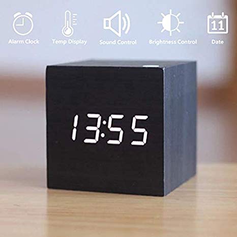 JIAYOUSHENG Wooden LED Digital Alarm Clock, Displays Time Date and Temperature, Cube USB Charger/3AAA Battery Powered Sound Control Desk Alarm Clock for Kids, Home, Office, Bedroom, Heavy Sleepers