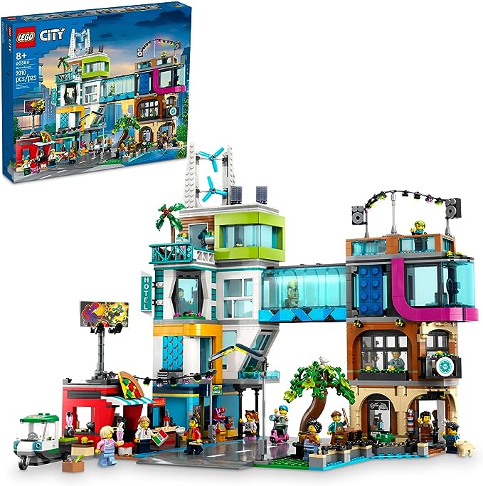 LEGO City Downtown 60380 Building Toy Set, Multi-Feature Playset with Connecting Room Modules, Includes 14 Inspiring Minifigure Characters and a Dog Figure, Sensory Toy for Kids Ages 8