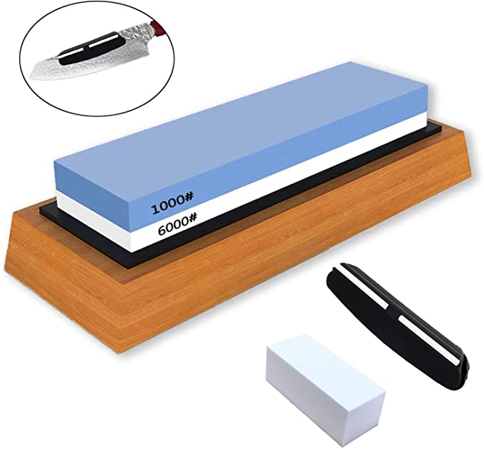 Sharpening Stone Whetstone Knife Dual Side Grit 1000/6000 Best Whetstone Sharpener for Kitchen | NonSlip Bamboo Base & Angle Guide