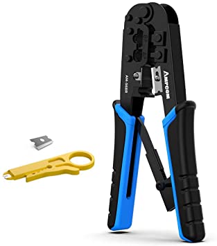 AMPCOM RJ45 Ethernet Crimping Tool, 8P / 6P-RJ11, RJ12 Ratchet Crimper Cutter Stripper Blue