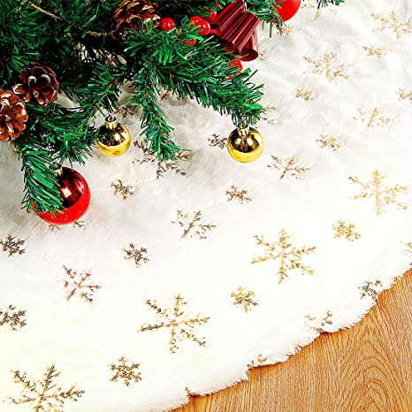 Large Christmas Tree Skirt Thick Faux Fur Snowy Gold Sequins White Double Layers Xmas Tree Skirt for 5ft - 9ft Pencil Tree New Year Holiday Party Home Ornaments 48 Inch