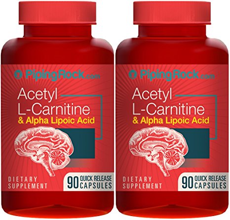 Piping Rock Acetyl L-Carnitine 400 mg & Alpha Lipoic Acid 200 mg 2 Bottles x 90 Quick Release Capsules Dietary Supplement