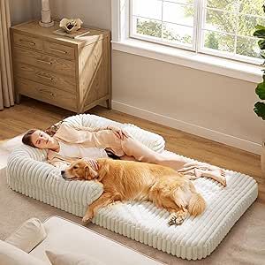 Bedsure Foldable Human Dog Bed for People Adult, 2 in 1 Corduroy Fleece Calming Human Size Giant Waterproof Dog Bed Fits Pet Families with Egg Foam, Faux Fur Orthopedic Dog Sofa, Cream