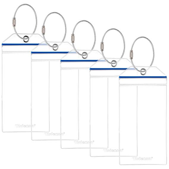 Wisdompro Cruise Luggage Tag Holders, 5-Pack Clear Waterproof PVC Pouch with Zipper & Steel Loops for Cruise Trip (Blue Zip)