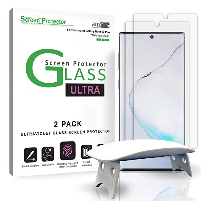 amFilm Ultra Glass Screen Protector for Galaxy Note 10 Plus 2019, (2 Pack) UV Gel Application, Tempered Glass, Compatible with UltraSonic Fingerprint Scanner for Galaxy Note 10 Plus (2019)