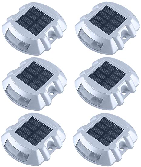 Solar Dock Light Waterproof Cast Aluminum Solar Deck Light 6LED Auto On/Off Security Warning Light for Driveway Path Step Pool Patio Garden 6 Pack (White Light)
