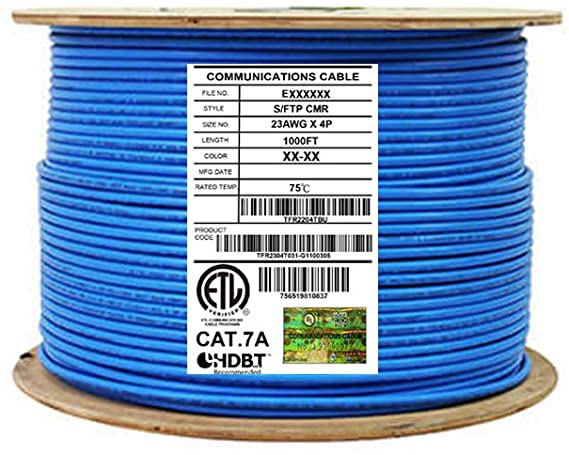 Elite CAT7A Shielded Riser (CMR), 1000ft, S/FTP 23AWG, Solid Bare Copper, 1000MHz, UL Certified, Bulk Ethernet Cable Reel in Blue