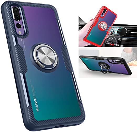 Huawei P20 Pro Case,360° Rotating Ring Kickstand Protective Case,TPU PC Shock Absorption Double Protection Cover Compatible with [Magnetic Car Mount] for Huawei P20 Pro Clear Case (Navy/Silver)