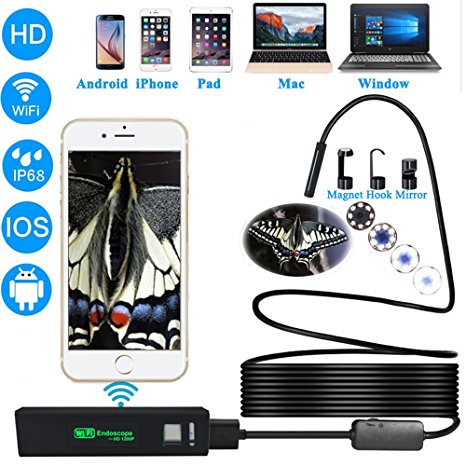 32.8ft Semi-rigid Cable HD 1200P Wireless Endoscope, Jiusion WiFi Borescope Inspection Portable Mini Camera with 2MP 8 Led USB Compatible with iPhone Android Mac Window 7 8 10 Android Linux 10M