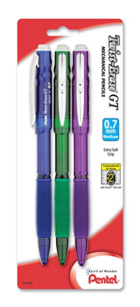 Pentel Twist-Erase GT (0.7mm) Mechanical Pencil, Assorted Barrel Colors, Color May Vary, Pack of 3 (QE207BP3M)