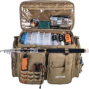 Goture Large Tackle Bag,Store Up to 8PCS 3700 Plus 4PCS 3600 Tackle Trays,Water Resistant Saltwater Fishing Gear Bag with EVA Bottom,Fishing Gifts for Men,Big Fishing Bag(20.8"x15.2"x11.4")