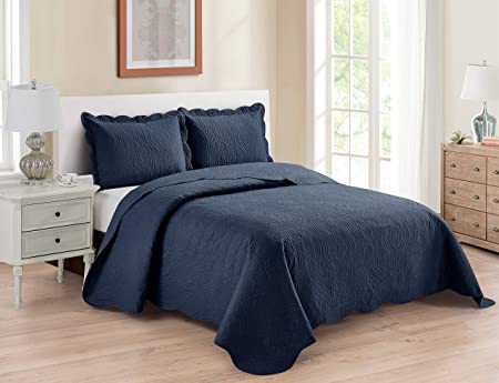 Better Home Style 3 Piece Luxury Ultrasonic Embossed Floral Design Solid Color Quilt Coverlet Bedspread Oversized Bed Cover Set # Mimi (Navy Blue, Full/Queen)