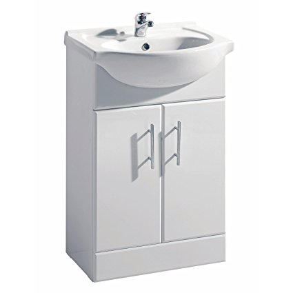 Trueshopping White Gloss Bathroom Vanity Unit Basin Sink 550mm Cloakroom Storage Cabinet Ceramic Furniture - 5 Year Guarantee