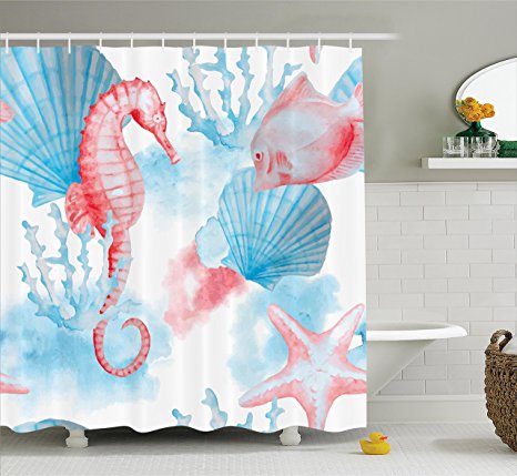 Ambesonne Nautical Decor Collection, Sea Shells Seahorse and Fish Sandy Beach Exotic Stylized Watercolor Effect Print, Polyester Fabric Bathroom Shower Curtain, 84 Inches Extra Long, Coral Blue White