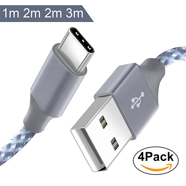 USB Type C Cable, Hootech® 4Pack 1M 2M 2M 3M Braided USB A to USB C Charger Cable for Samsung Galaxy Note 8 / S8 / S8 Plus / A3/A5(2017) / A7 / A9 / C9, huawei P8/P9/P10 Lite, Sony Xperia XL, Nexus 5X/6P/Pixel XL, LG G5/G6,Moto Z, HTC 10,Xiaomi 4C/4S/5,Nintendo Switch, MacBook 2016 - Gray