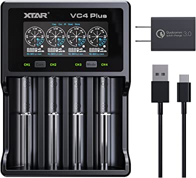 XTAR VC4 Plus Battery Charger, 4 Bay Rechargeable Battery Charger for 3.6V 3.7V 18650 21700 Li-ion IMR INR ICR for 1.2V AAA SC Ni-MH Ni-CD