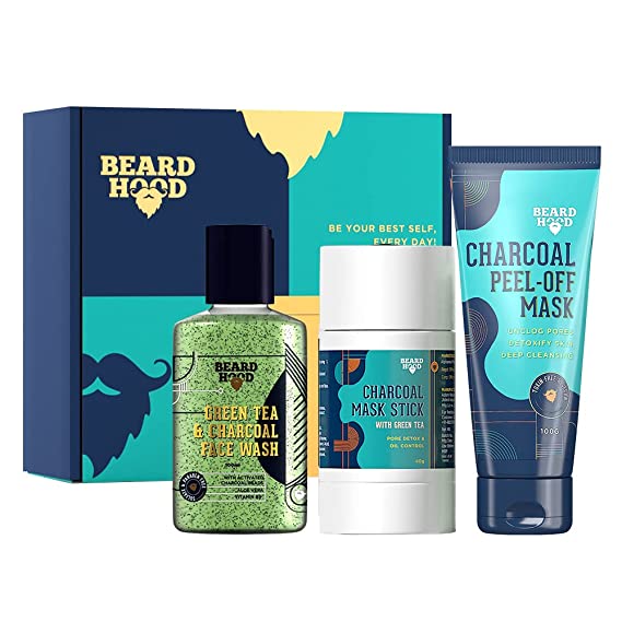 Beardhood Charcoal Facial Starter Kit For Men | Peel Off Mask , Face Wash, Face Mask Stick | For Blackheads, Whiteheads, Anti Acne & Glowing Skin | Zero Toxin