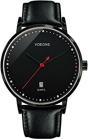 Mens Black Leather Analog Watch - VOEONS Quartz Watches for Men, Genuine Leather Business Wrist Watch, Simple Dress Watch with Warranty