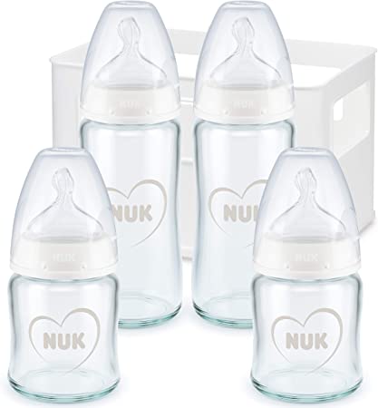 NUK First Choice  Glass Baby Bottles Starter Set | 0-6 Months | 4 x Anti Colic Bottles & Bottle Crate | BPA-Free | Grey & White | 5 Count