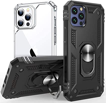 Compatible with iPhone 12 pro max Phone Case with Kickstand Ring Slim Heavy Duty Defender Armor Military Grade Clear Silicone Phone Cover for iPhone 12 pro max Shockproof [2 Pack] (Black)