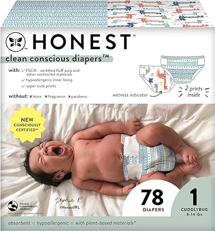 The Honest Company Clean Conscious Diapers | Plant-Based, Sustainable | Dots & Dashes   Multi-Colored Giraffes | Club Box, Size 1 (8-14 lbs), 78 Count